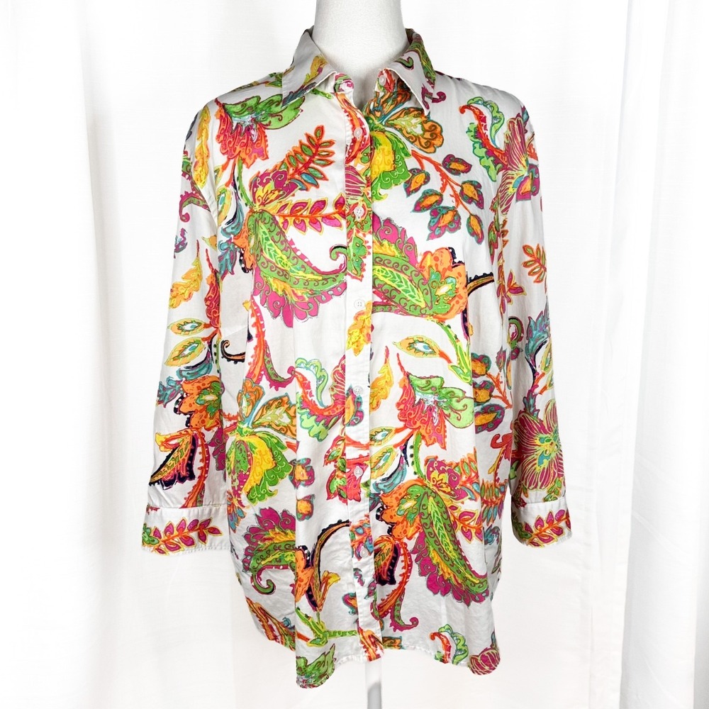 Lauren Ralph Lauren 1X Paisley Tunic Shirt Cotton Button Up Colorful Boho EUC